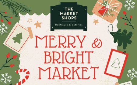 Holiday-themed graphic for The Market Shops’ Merry & Bright Market featuring seasonal illustrations and event branding.