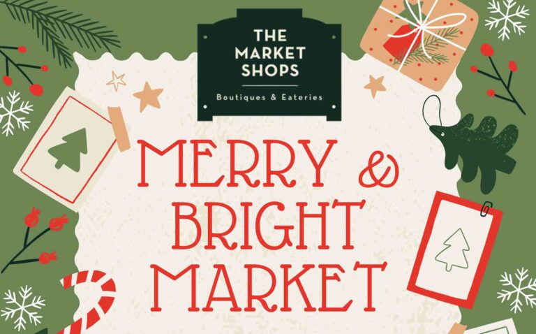Holiday-themed graphic for The Market Shops’ Merry & Bright Market featuring seasonal illustrations and event branding.