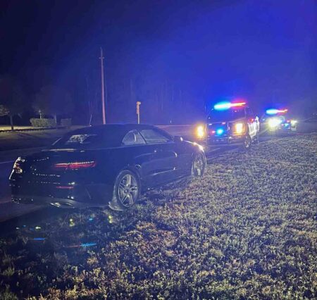 Wrong-way driver arrested after high-speed chase in Santa Rosa Beach Walton County Sheriff’s Office patrol vehicles with emergency lights activated behind a stopped sedan along U.S. Highway 98 at night.