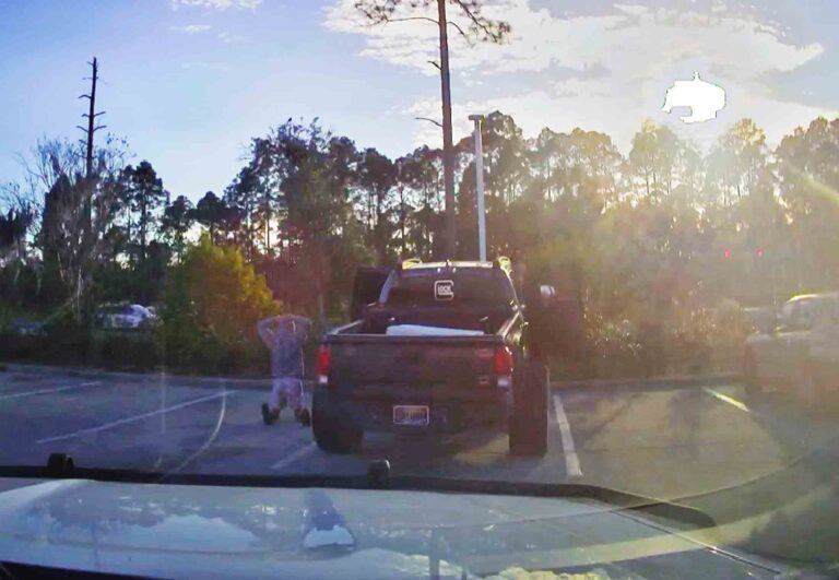 Alabama teenager charged after gun drawn in Highway 98 encounter A sheriff’s deputy’s dash-camera view shows a person kneeling beside a black pickup truck during a traffic stop at sunset.