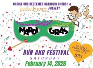 Mardi Gras-themed flyer promoting a 5K run and festival in Niceville.