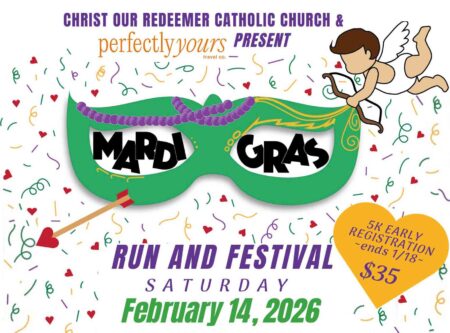 Mardi Gras-themed flyer promoting a 5K run and festival in Niceville.