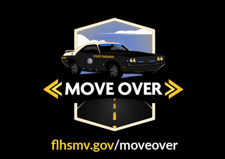Florida Highway Patrol graphic promoting Move Over law with state trooper vehicle illustration.