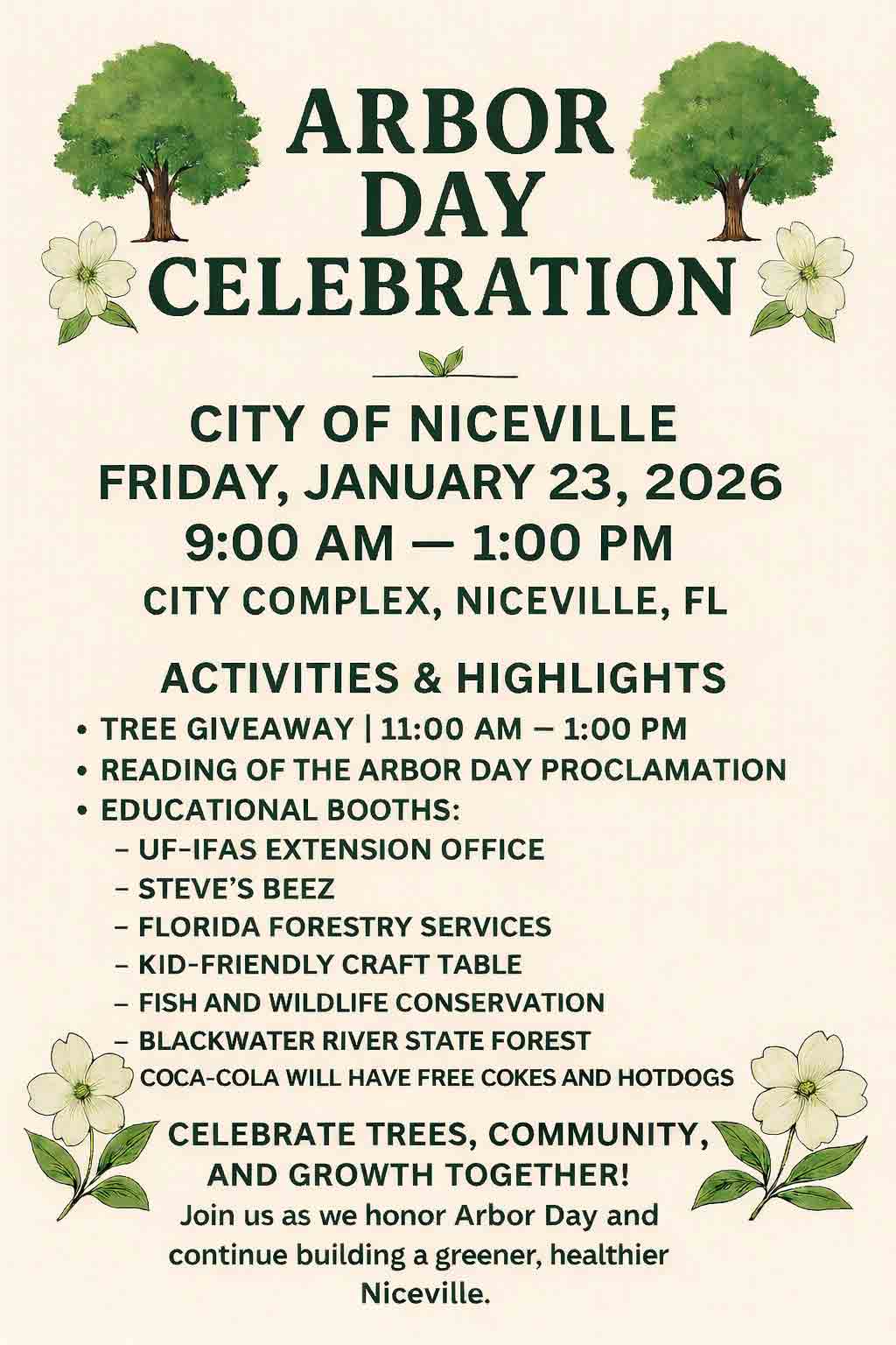 Flyer promoting the City of Niceville’s 2026 Arbor Day Celebration with trees, flowers, and event details.