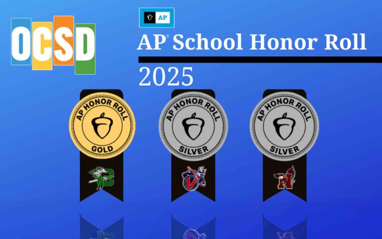 Graphic showing Okaloosa County School District high schools recognized on the 2025 AP School Honor Roll.