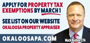 Graphic promoting the March 1 deadline to apply for 2026 property tax exemptions through the Okaloosa County Property Appraiser’s Office.