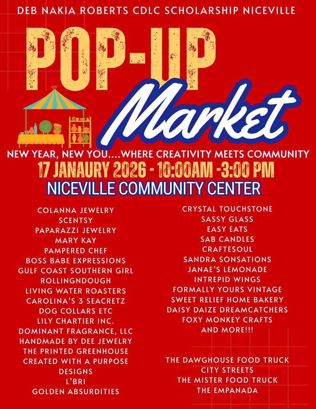 Vendor listing for the CDLC Scholarship Niceville Pop-Up Market