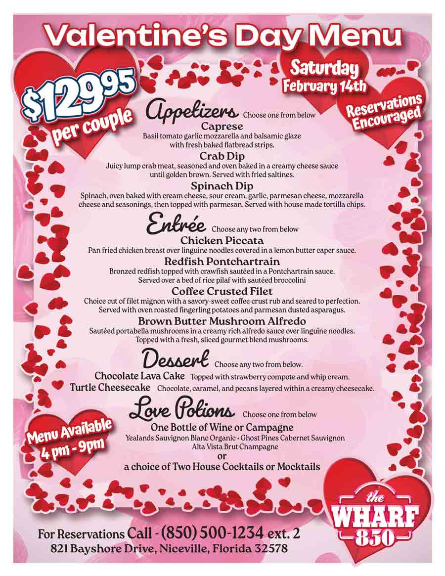 Valentine’s Day dinner menu at The Wharf 850 in Niceville featuring a four course meal for couples.