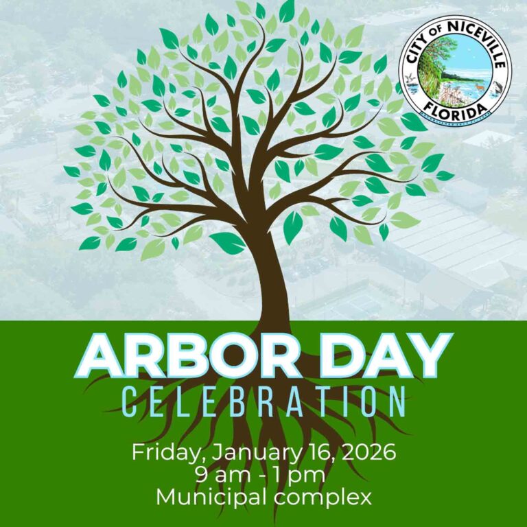 Arbor Day Celebration graphic promoting the City of Niceville event on January 16, 2026.