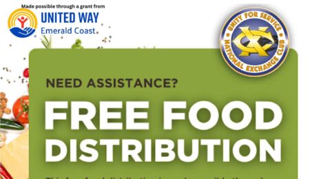 Graphic promoting a free food distribution event in Niceville supported by United Way Emerald Coast and the Niceville Exchange Club.