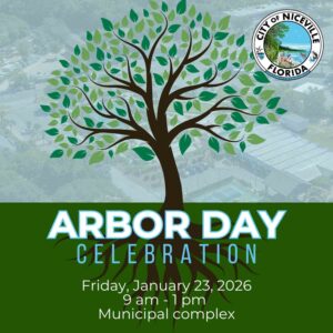 Arbor Day Celebration graphic promoting the City of Niceville event on January 23, 2026.