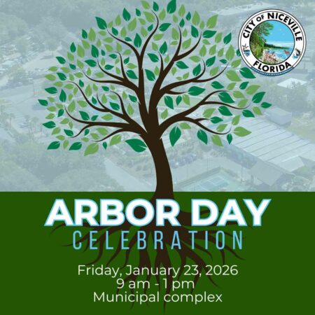 Arbor Day Celebration graphic promoting the City of Niceville event on January 23, 2026.