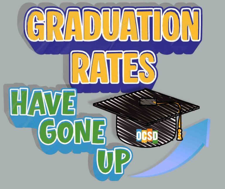 Graphic showing a graduation cap with text reading “Graduation rates have gone up” and the OCSD logo.