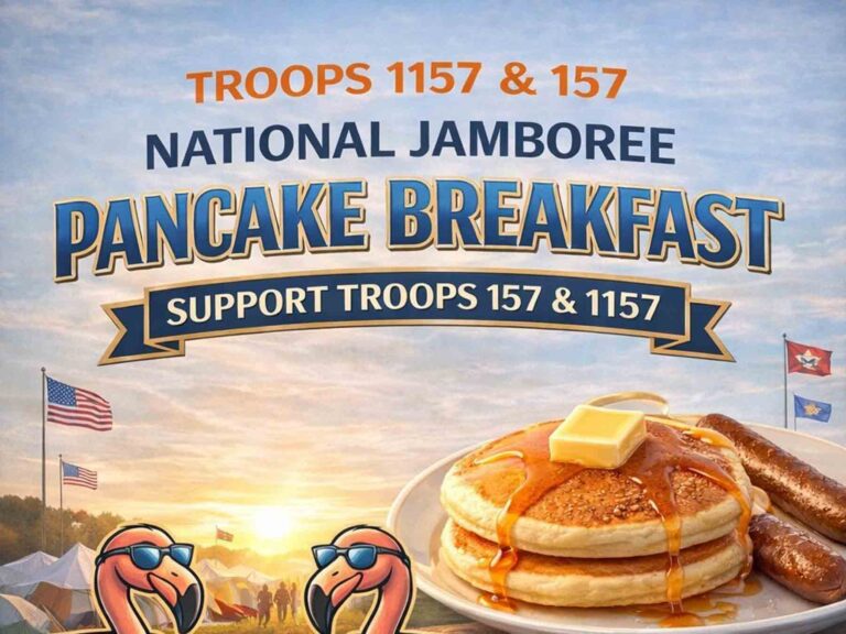 Flyer advertising a National Jamboree pancake breakfast fundraiser for Niceville Scout troops.