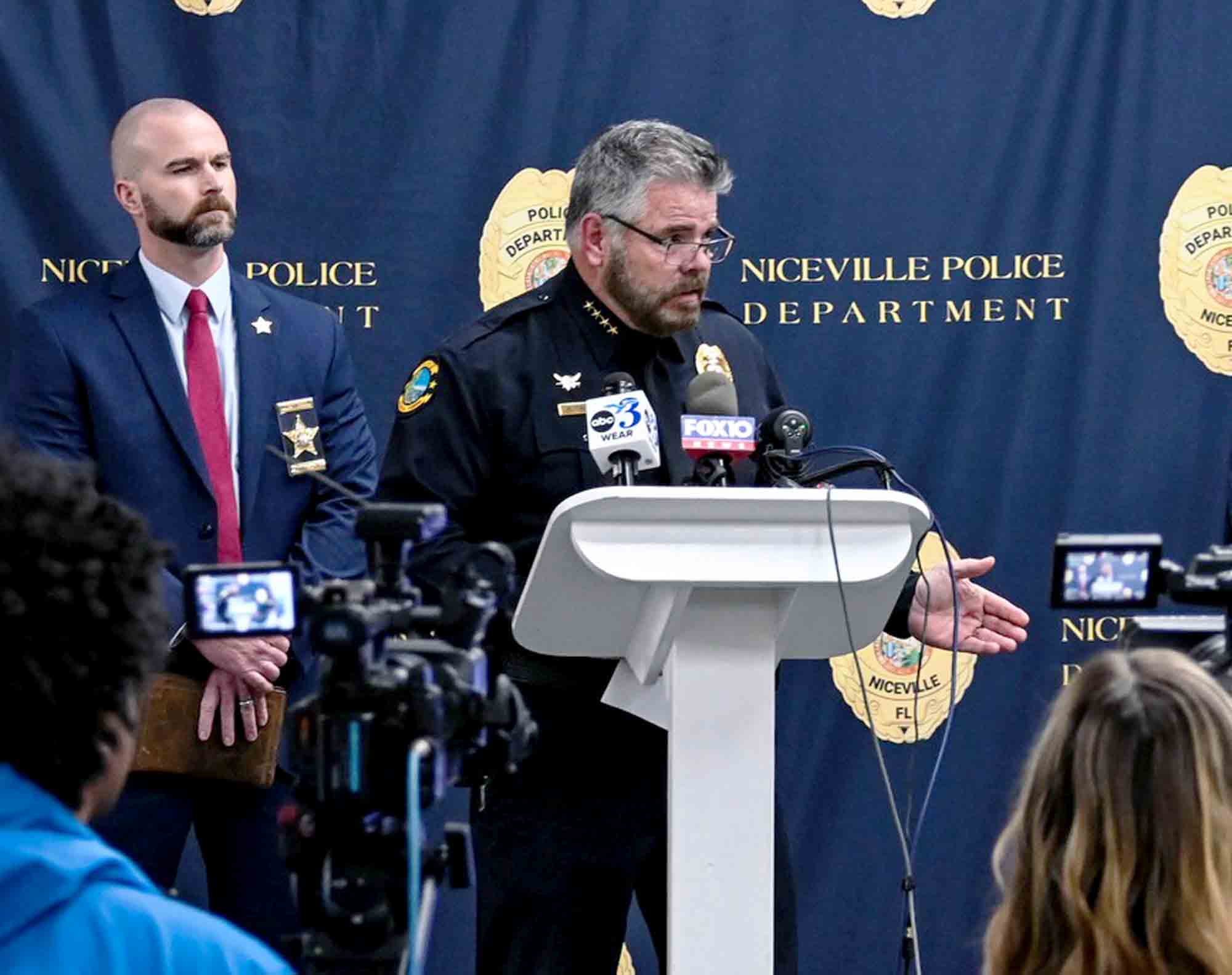 Niceville Police Chief Mark Hayse speaks during a press conference alongside the Walton County Sheriff’s Office.