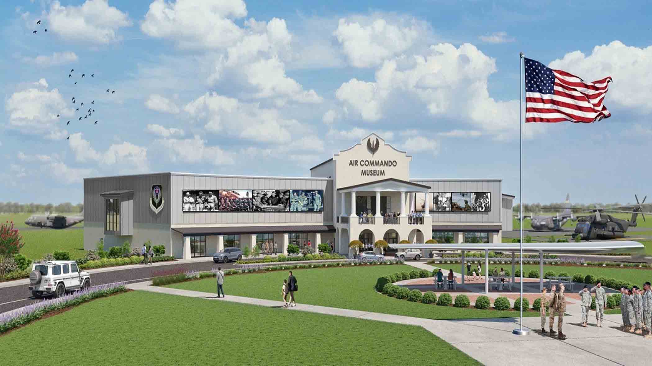 Conceptual design rendering of the future Air Commando Museum at Hurlburt Field showing the museum building, aircraft displays, and visitor plaza.