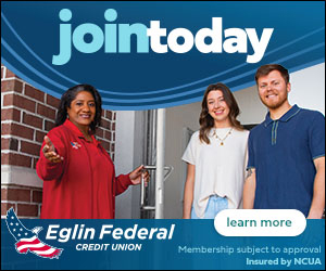 Banner ad reading “join today” for Eglin Federal Credit Union featuring three smiling adults and a “learn more” button.