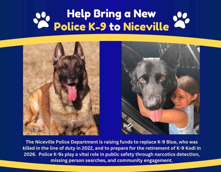 Flyer announcing a fundraising effort to bring a new police K-9 to the Niceville Police Department.