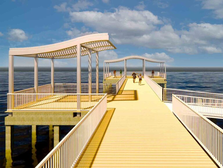 Niceville waterfront dock and pier project officially begins Architectural rendering of the planned Old Town Landing dock and pier extending over Boggy Bayou in Niceville.