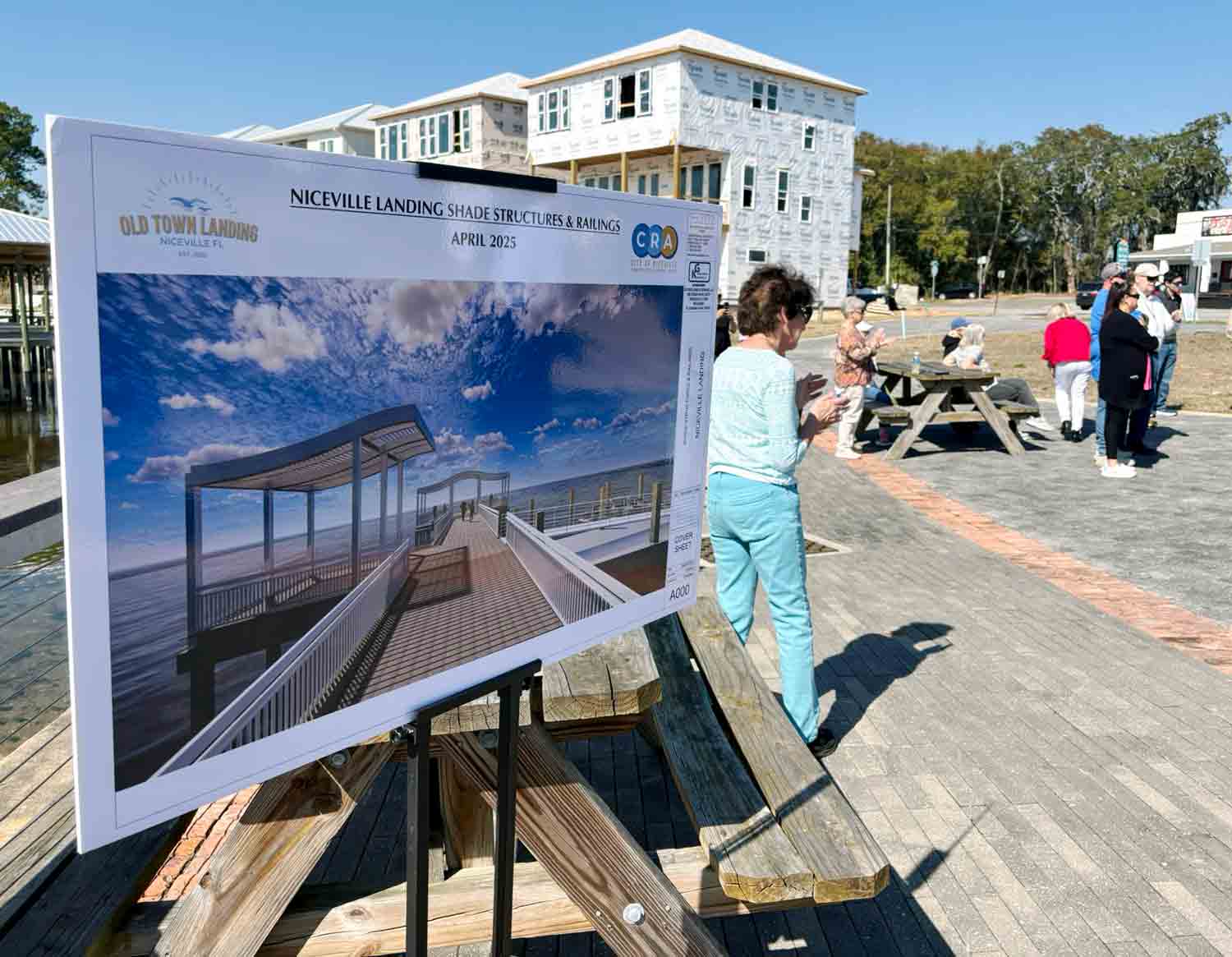 Rendering display board for the Niceville Landing dock and pier project shown during the groundbreaking ceremony.