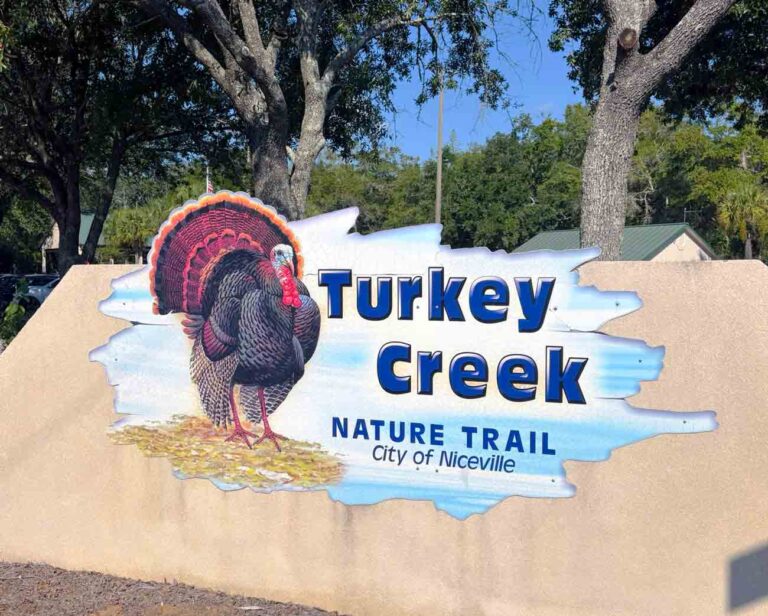 Entrance sign for Turkey Creek Nature Trail in Niceville, Florida, featuring a painted wild turkey and the words “Turkey Creek Nature Trail – City of Niceville.”