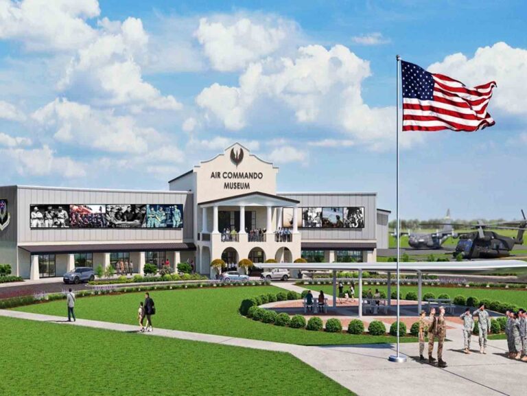 Air Commando museum plan moves forward at Hurlburt Field Artist rendering of the planned Air Commando Museum at Hurlburt Field Memorial Air Park with visitors, aircraft displays, and an American flag.