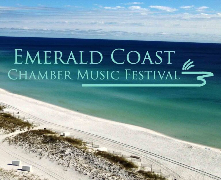 Aerial view of an Emerald Coast beach with Emerald Coast Chamber Music Festival logo overlay