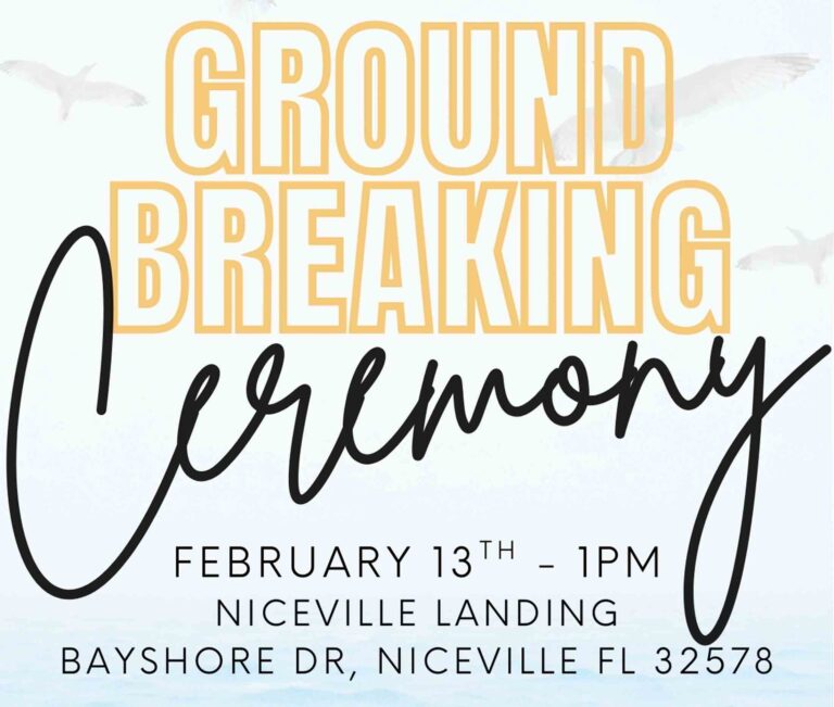 Flyer promoting a groundbreaking ceremony for the Old Town Landing dock and pier project scheduled for February 13 in Niceville, Florida.