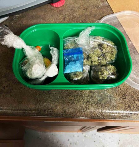 Bags of suspected drugs and paraphernalia displayed in a green container during a Walton County investigation