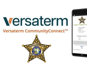 Graphic showing the Versaterm CommunityConnect logo alongside the Walton County Sheriff’s Office badge and a tablet displaying a victim notification enrollment screen.