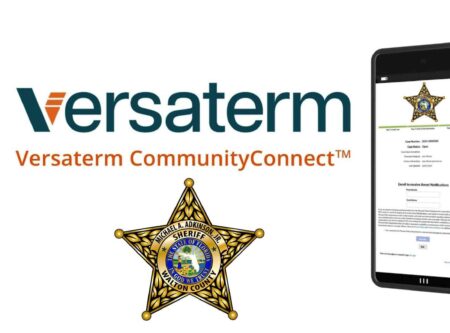 WCSO rolls out real-time victim alerts system Graphic showing the Versaterm CommunityConnect logo alongside the Walton County Sheriff’s Office badge and a tablet displaying a victim notification enrollment screen.