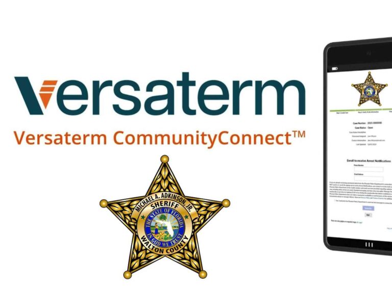 WCSO rolls out real-time victim alerts system Graphic showing the Versaterm CommunityConnect logo alongside the Walton County Sheriff’s Office badge and a tablet displaying a victim notification enrollment screen.