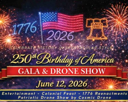 Drone show, gala to light up America 250 celebration America 250 gala and drone show graphic with fireworks, U.S. flag, and Liberty Bell design
