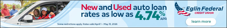 Eglin Federal Credit Union auto loan banner showing family in vehicle promoting low rates