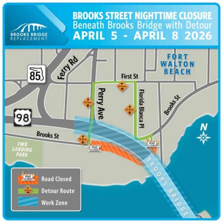 Night closure shuts down Brooks Street under Brooks Bridge Map showing Brooks Street nighttime closure and detour routes beneath Brooks Bridge in Fort Walton Beach