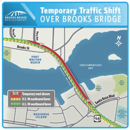 Traffic shift squeezes U.S. 98 to one lane overnight Map showing temporary traffic shift on U.S. 98 over Brooks Bridge in Fort Walton Beach
