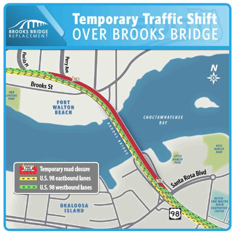 Traffic shift squeezes U.S. 98 to one lane overnight Map showing temporary traffic shift on U.S. 98 over Brooks Bridge in Fort Walton Beach