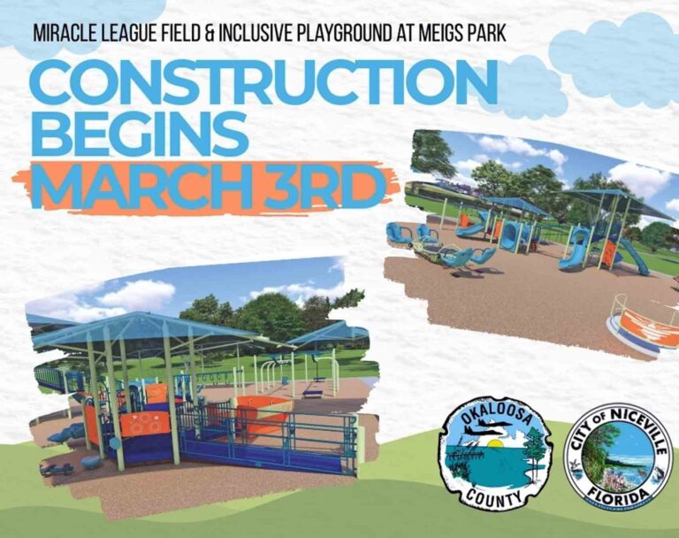 Graphic announcing March 3 construction start for Miracle League Field and Inclusive Playground at Meigs Park in Niceville.