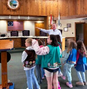 Mayor Daniel Henkel speaks to Girl Scout Troop 748 during a tour of Niceville City Hall