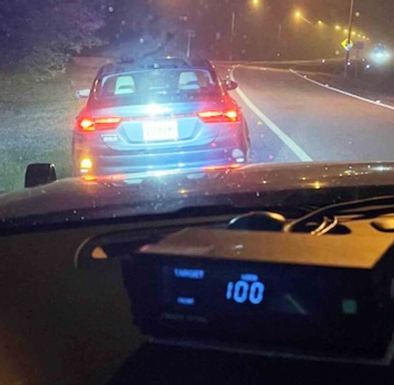 100 mph driver near Niceville gets one-way ride to jail Patrol vehicle dashboard showing radar reading of 100 mph during a nighttime traffic stop near State Roads 85 and 123 in Okaloosa County.