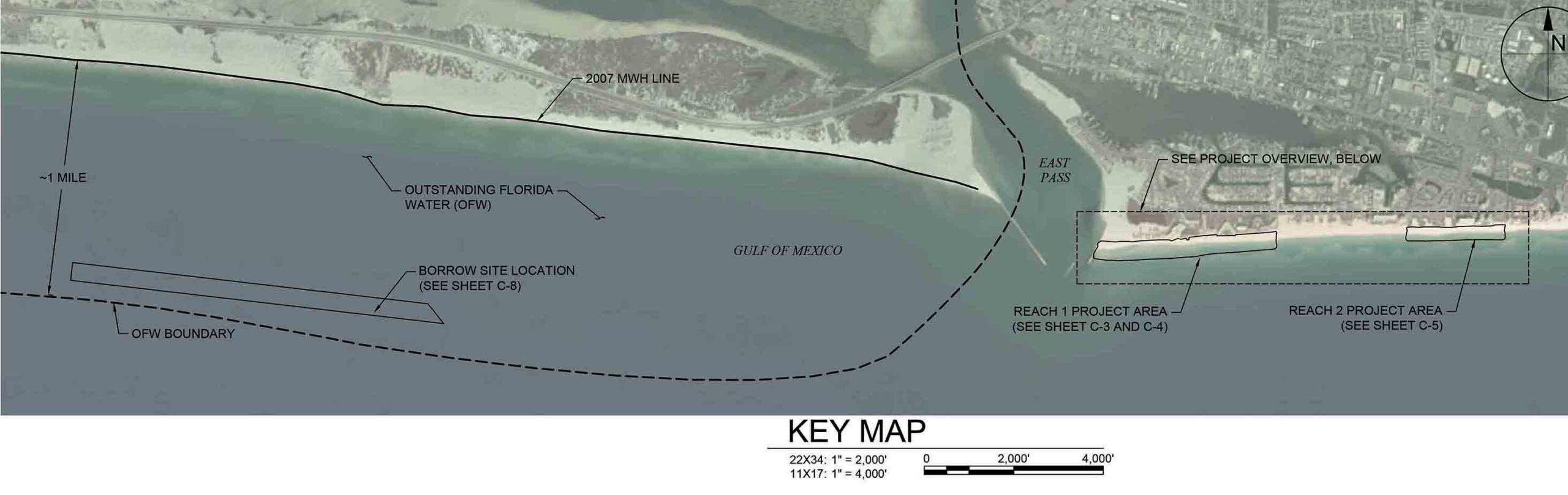 Project map showing Destin beach renourishment areas, borrow site, and East Pass