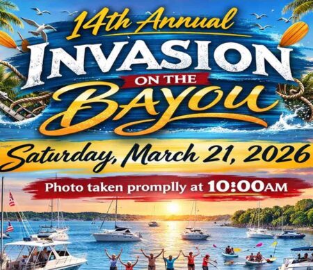 Boats and paddleboards gathered on Rocky Bayou for Invasion on the Bayou event flyer