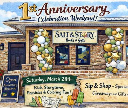 Illustration of Salt & Story bookstore decorated with balloons promoting a first anniversary celebration in Niceville.