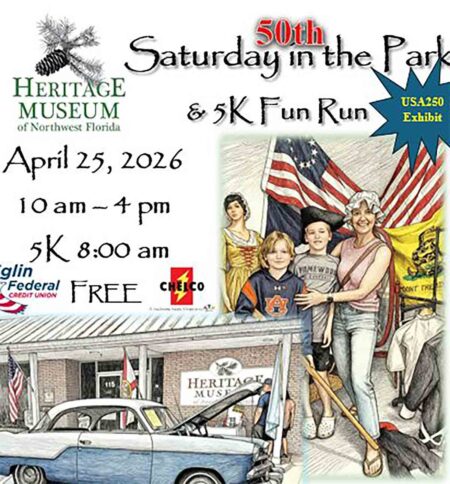 Close-up of flyer for the 50th Annual Saturday in the Park and 5K Fun Run at the Heritage Museum of Northwest Florida showing event details and illustrations