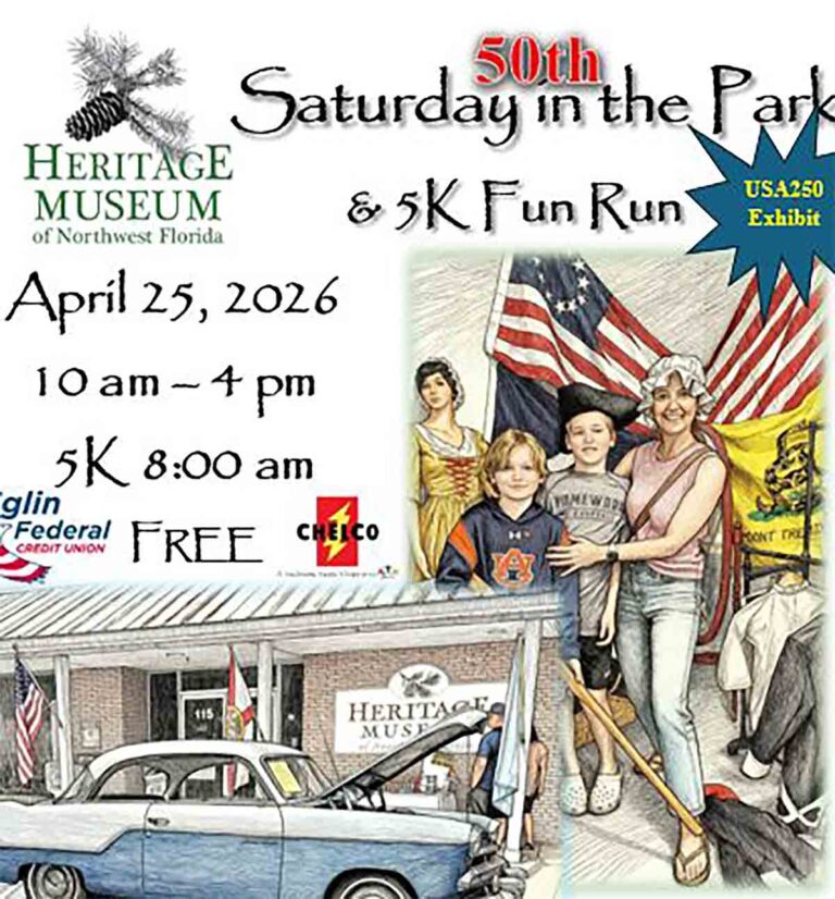 Close-up of flyer for the 50th Annual Saturday in the Park and 5K Fun Run at the Heritage Museum of Northwest Florida showing event details and illustrations