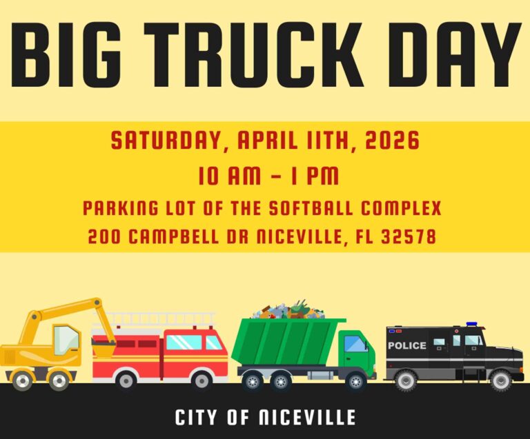 Kids climb aboard big trucks in Niceville this Saturday Flyer for Big Truck Day in Niceville featuring construction equipment, a fire truck, a garbage truck, and a police vehicle