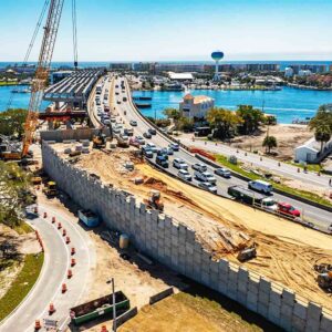 Aerial view of Brooks Bridge construction with traffic and equipment in Fort Walton Beach