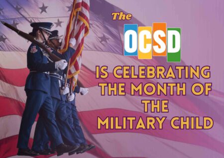 Airmen carrying the American flag with text promoting Month of the Military Child by Okaloosa County School District
