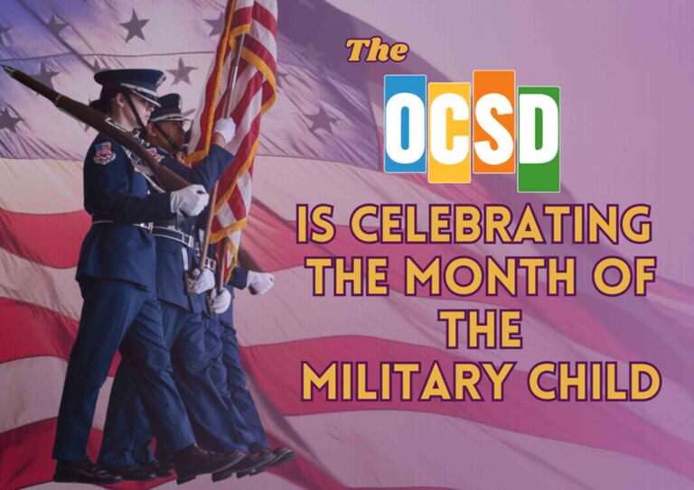 Airmen carrying the American flag with text promoting Month of the Military Child by Okaloosa County School District