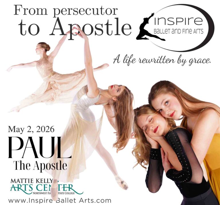 Dancers from Inspire Ballet and Fine Arts pose in costume promoting the “Paul, The Apostle” performance set for May 2, 2026, at the Mattie Kelly Arts Center.